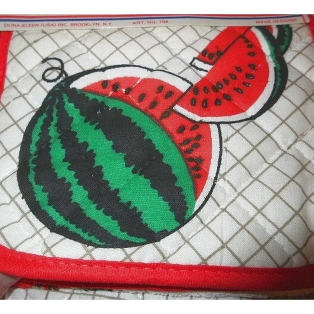 Vtg 80s Kitchen Linen Set 4 Piece Watermelon Towel Pot Holders Oven Mitt Whimsy